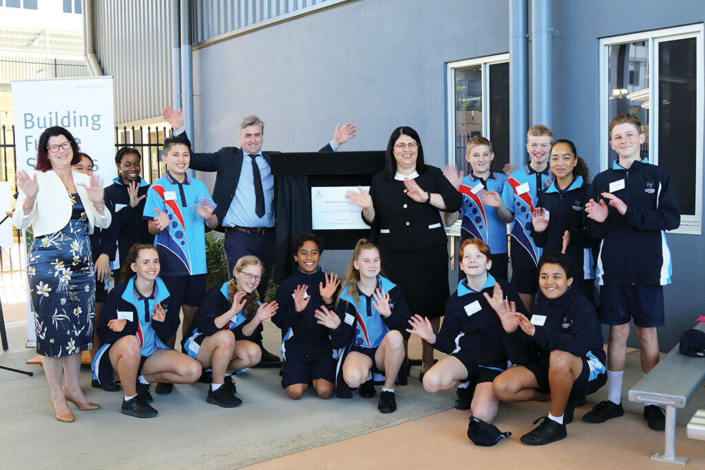 Minister Hon Grace Grace with students at Yarrabilba State Secondary College’s Official Opening