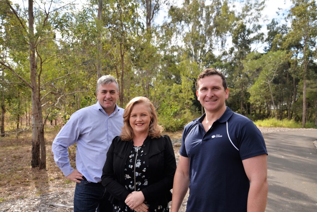 Member for Logan Linus Power at the existing Logan Village to Yarrabilba Rail Trail with Councillors Laurie Koranski and Tony Hall