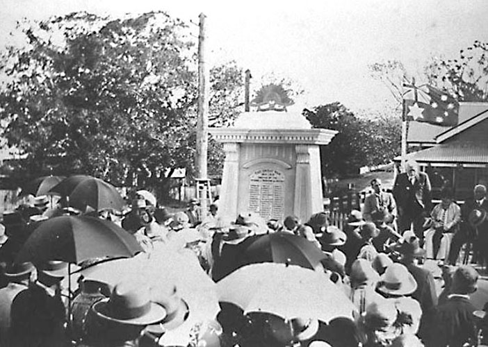This historical photo appeared in The Daily Mail Saturday 5 December 1925 p15 - caption reading: “The Deputy Governor (Mr Lennon) unveiling the soldiers’ monument at Beenleigh”