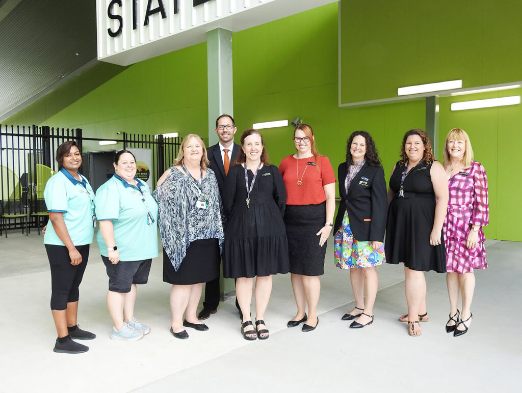 First day of the new primary school in Yarrabilba - South Rock State School - Principal Aaron Jones with members of his Leadership Team, and Camp Australia (on left)